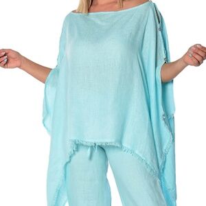 Azucar Ladies Loose Linen Poncho with Fringe